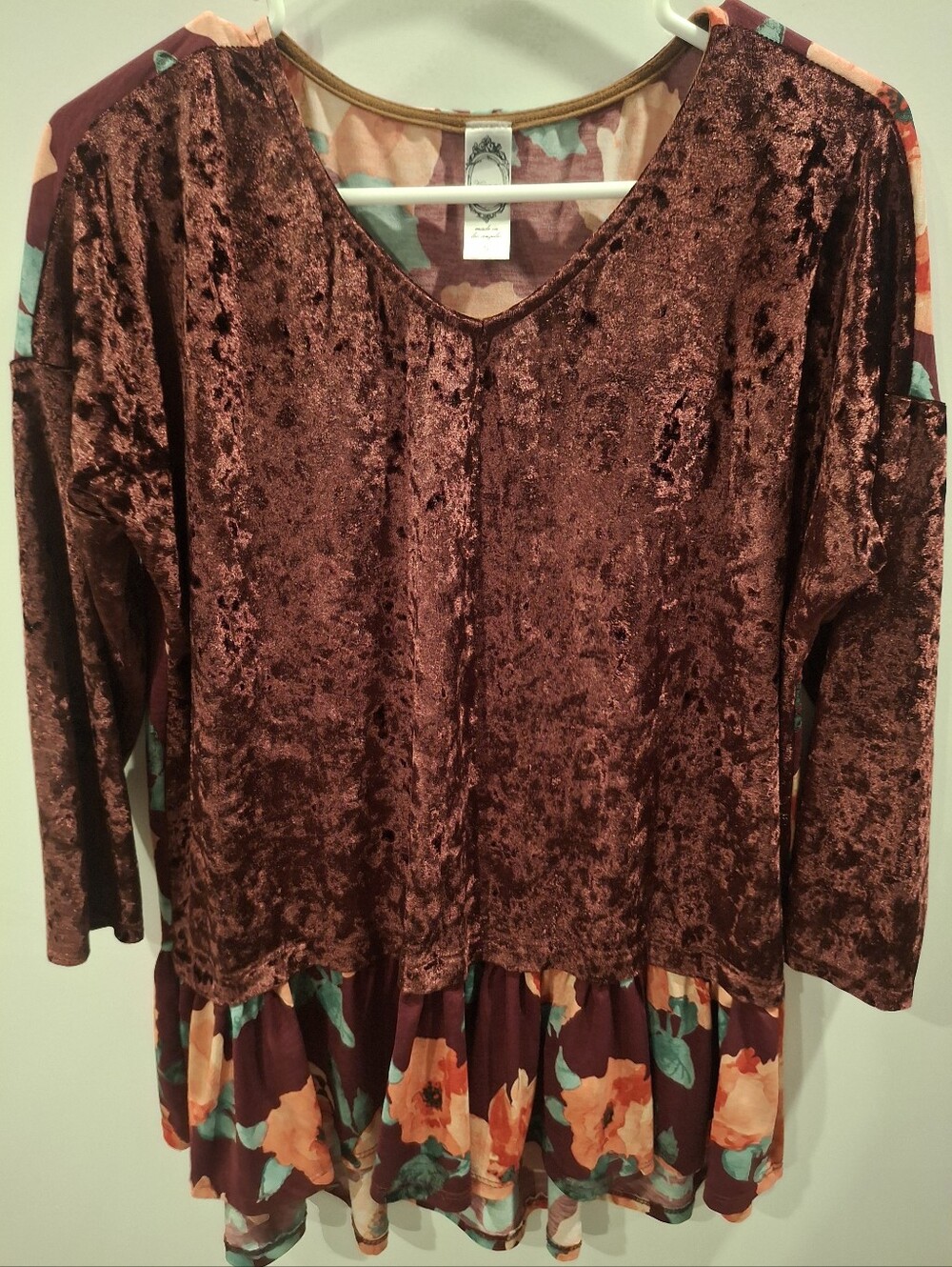 Honeyme Burgundy Velvet Tunic with Floral Hem